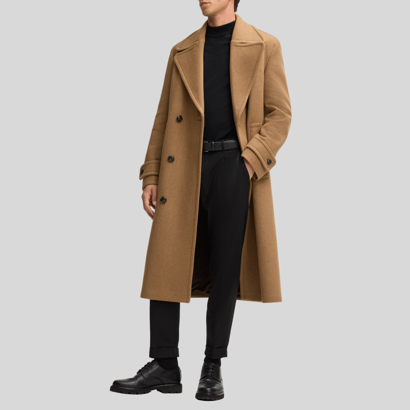 Wide Lapel Wool Blend Long Coat - Camel