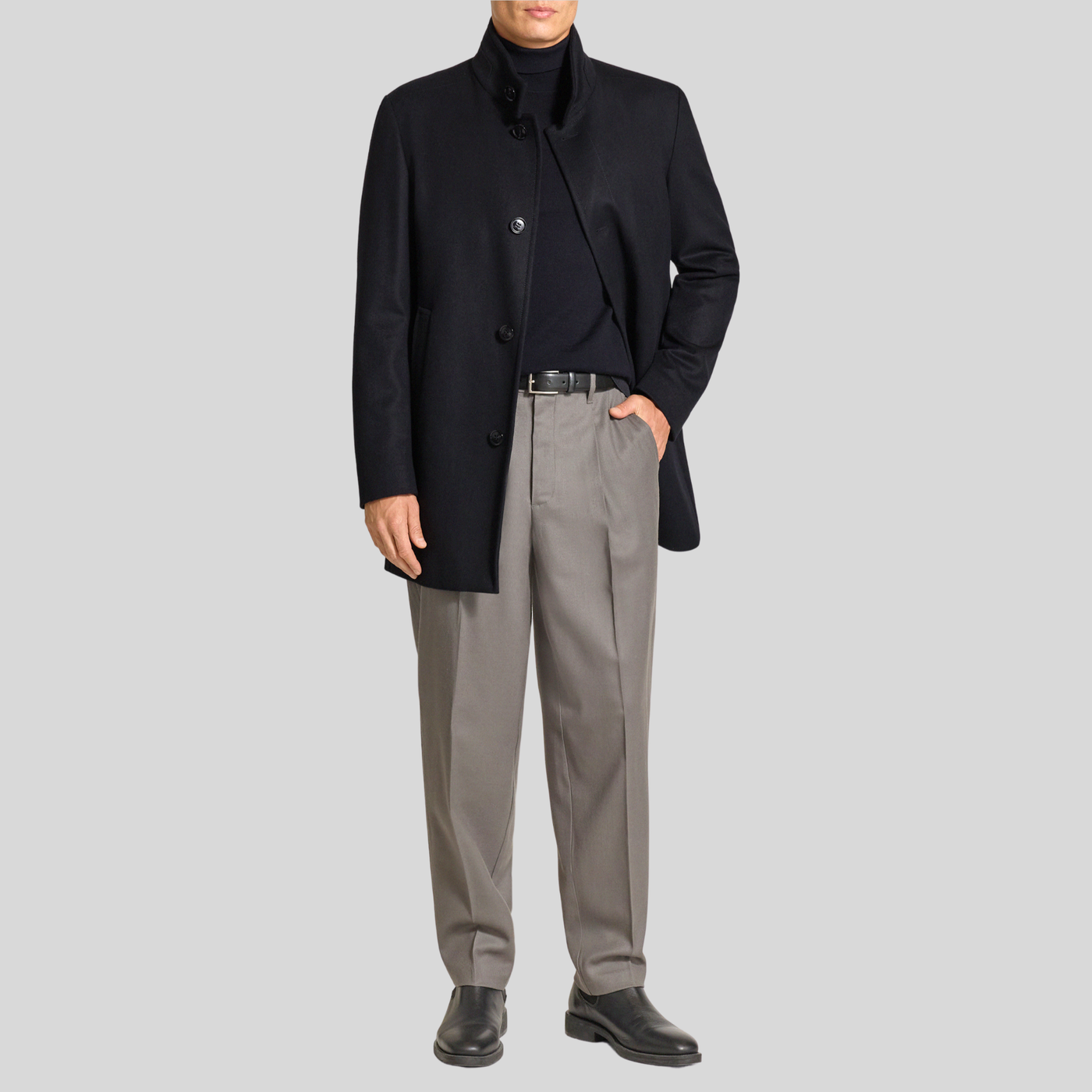 Wool Coat with Stand-Up Collar - Black