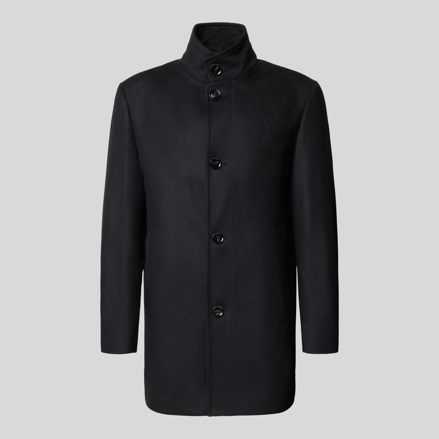 Wool Coat with Stand-Up Collar - Black
