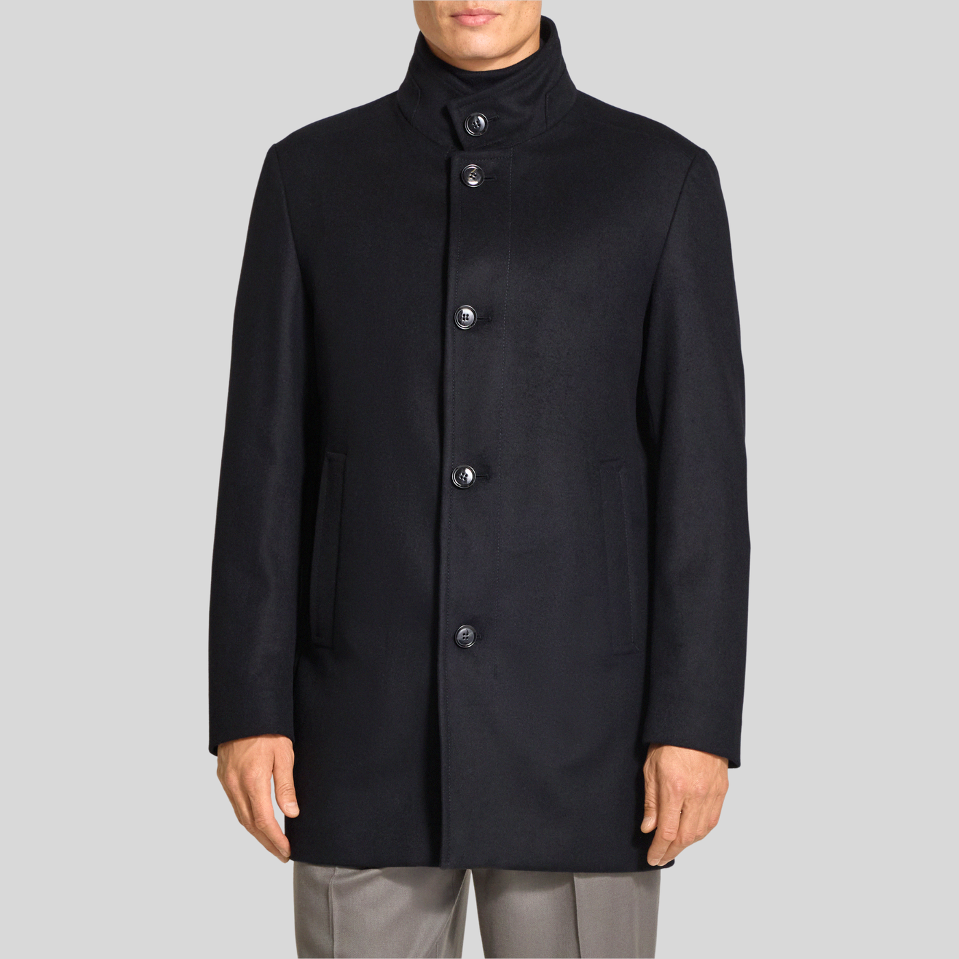 Wool Coat with Stand-Up Collar - Black