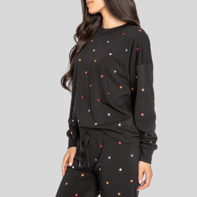 Gotstyle Fashion - PJ Salvage PJs Mini Stars Embroidery Fleece Lounge Top - Black