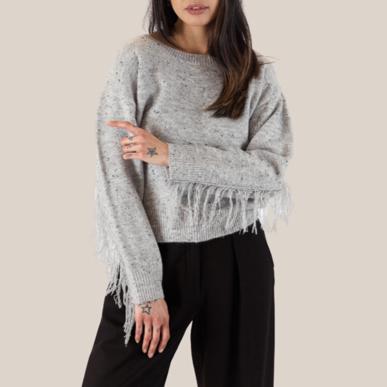 Gotstyle Fashion - Lyla & Luxe Sweaters Flecks Pattern Fringe Detail Sweater - Grey