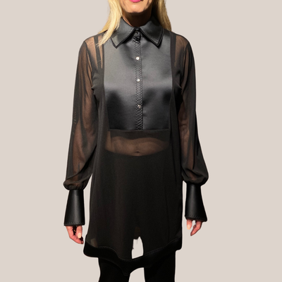 Gotstyle Fashion - Shan Dressses Sheer Stretch Jersey Tuxedo Bib Dress - Black