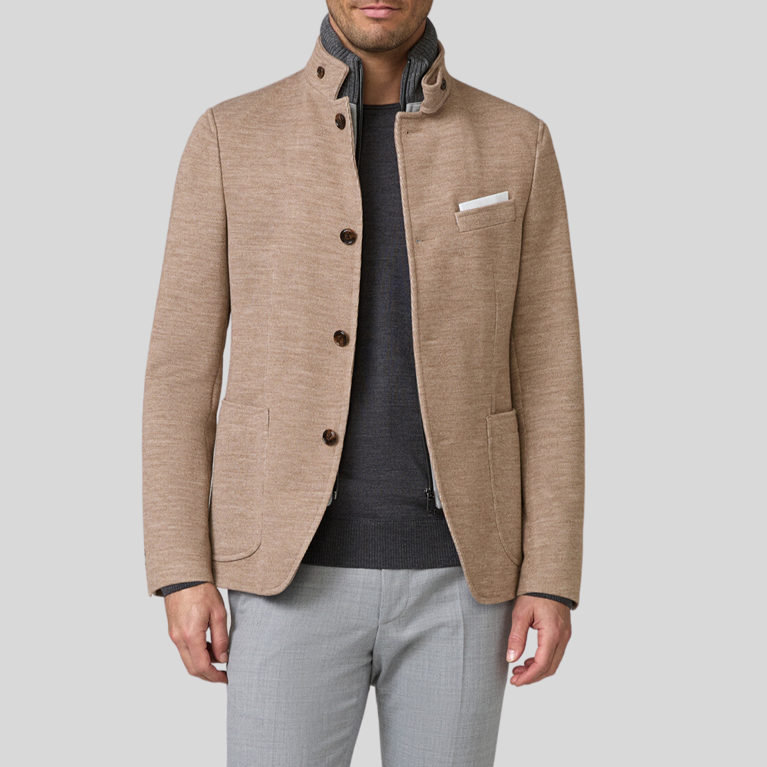 Standing Collar Patch Pocket Knit Blazer - Mocha