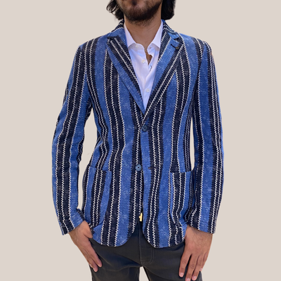 Gotstyle Fashion - Distretto12 Blazers Bold Stripe Patch Pocket Knit Blazer - Blue