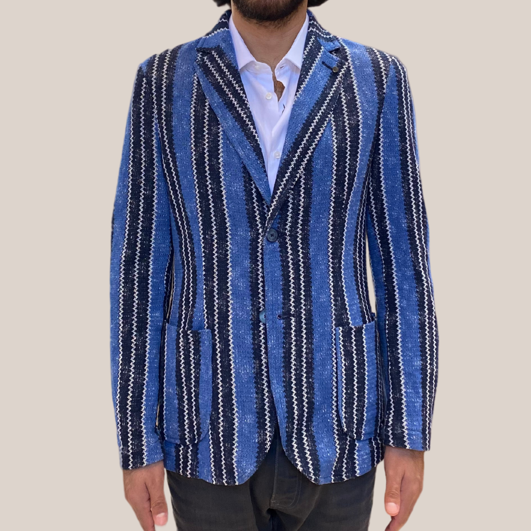 Gotstyle Fashion - Distretto12 Blazers Bold Stripe Patch Pocket Knit Blazer - Blue