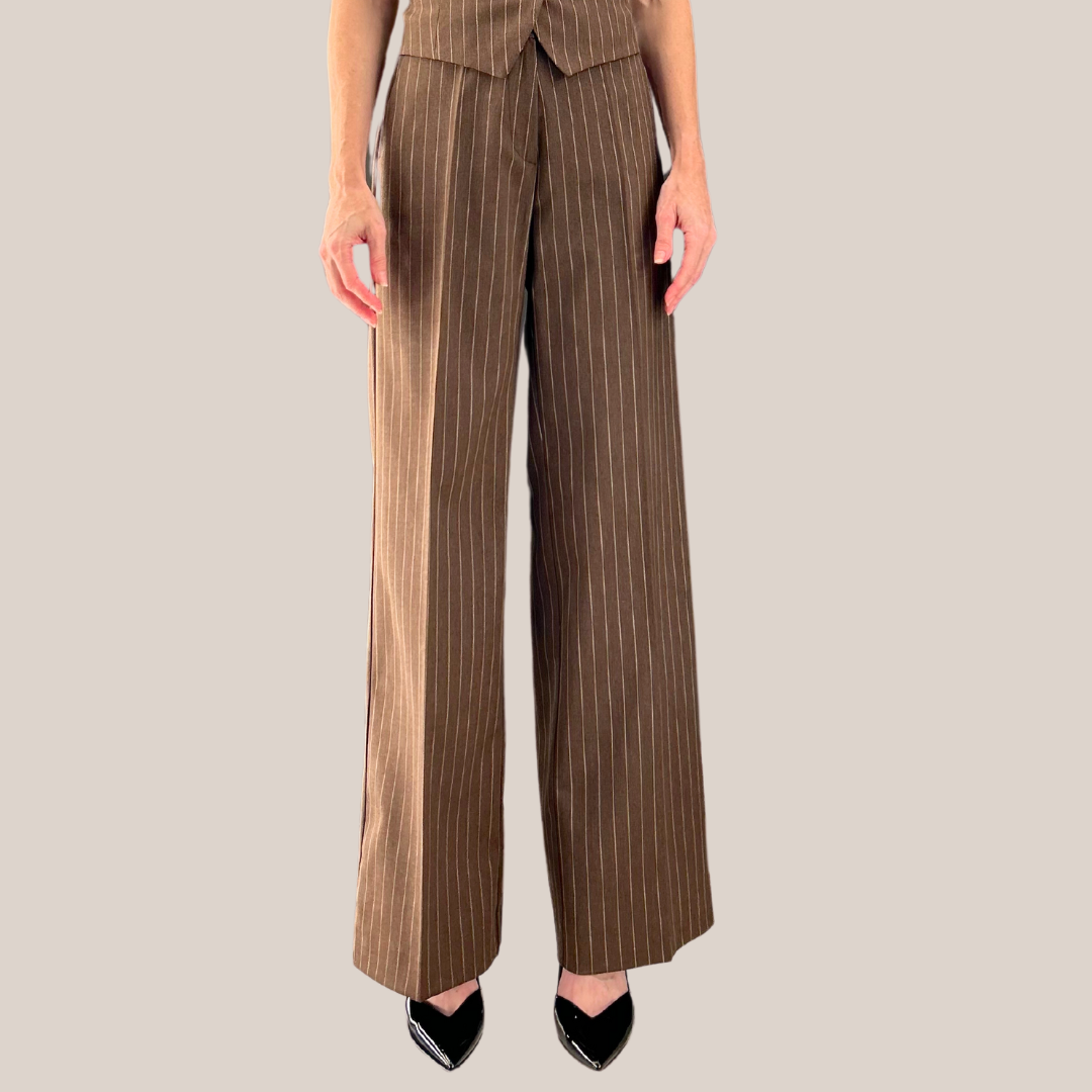 Pinstripe Wide Leg Pants - Brown