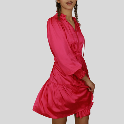Gotstyle Fashion - Suncoo Dresses V-Neck Shirred Cuff Tiered Dress - Fuchsia