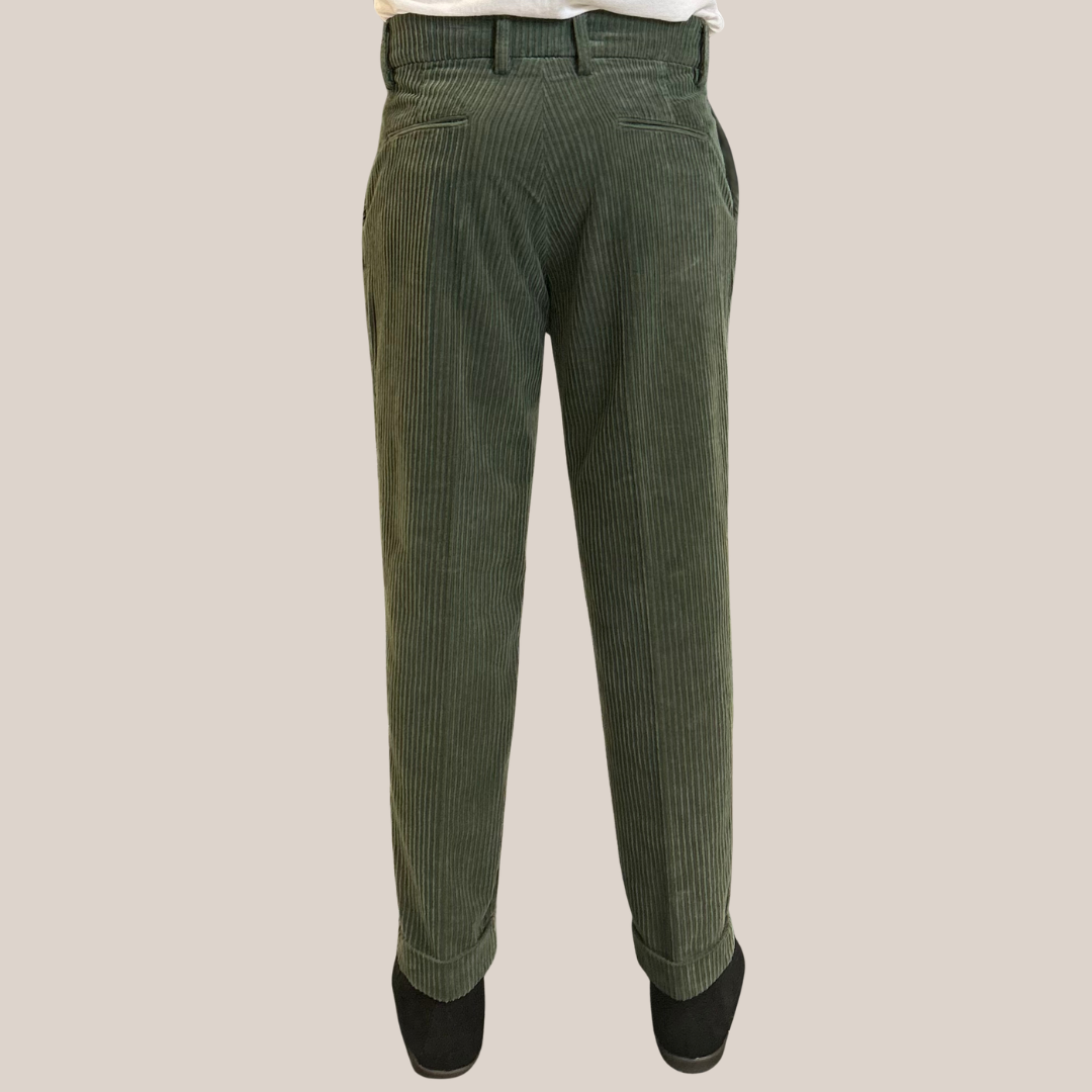 Wide Cord Pleated Cuffed Trousers - Green