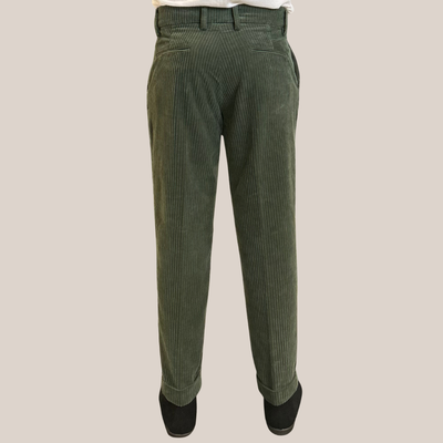 Wide Cord Pleated Cuffed Trousers - Green