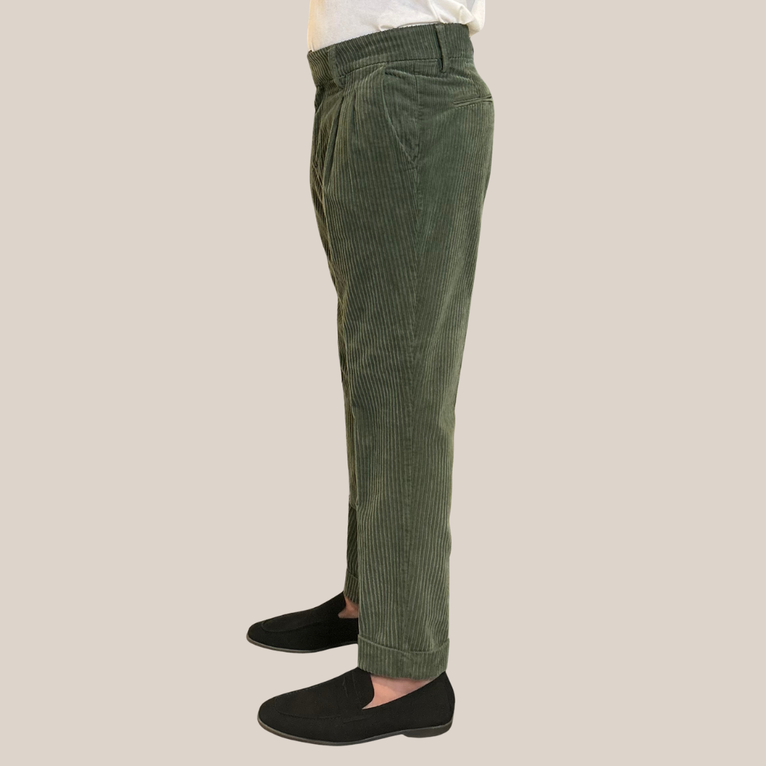 Wide Cord Pleated Cuffed Trousers - Green