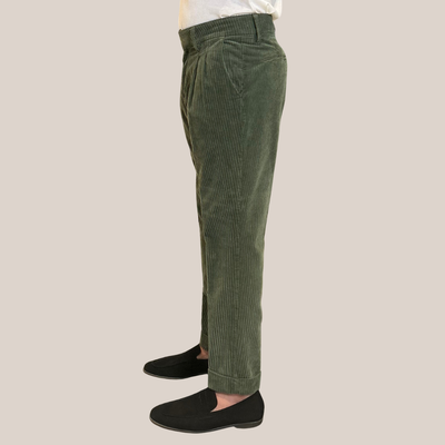 Wide Cord Pleated Cuffed Trousers - Green