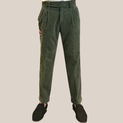 Wide Cord Pleated Cuffed Trousers - Green