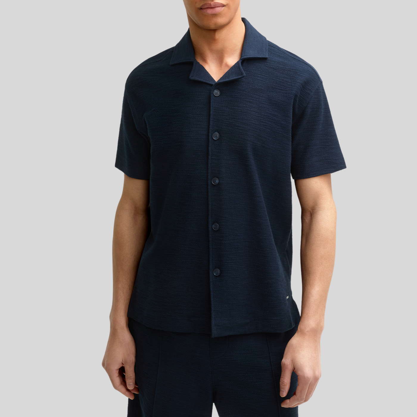 Textured Cuban Collar Cotton Shirt - Navy