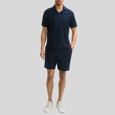 Textured Cuban Collar Cotton Shirt - Navy