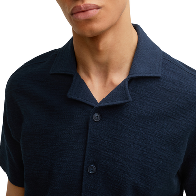 Textured Cuban Collar Cotton Shirt - Navy