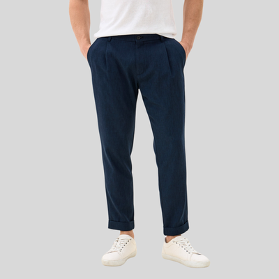 Front Pleat Melange Cuffed Pants - Navy