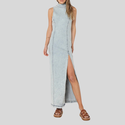 Gotstyle Fashion - Madison Dresses Denim High Neck Sleeveless Maxi Dress - Light Blue