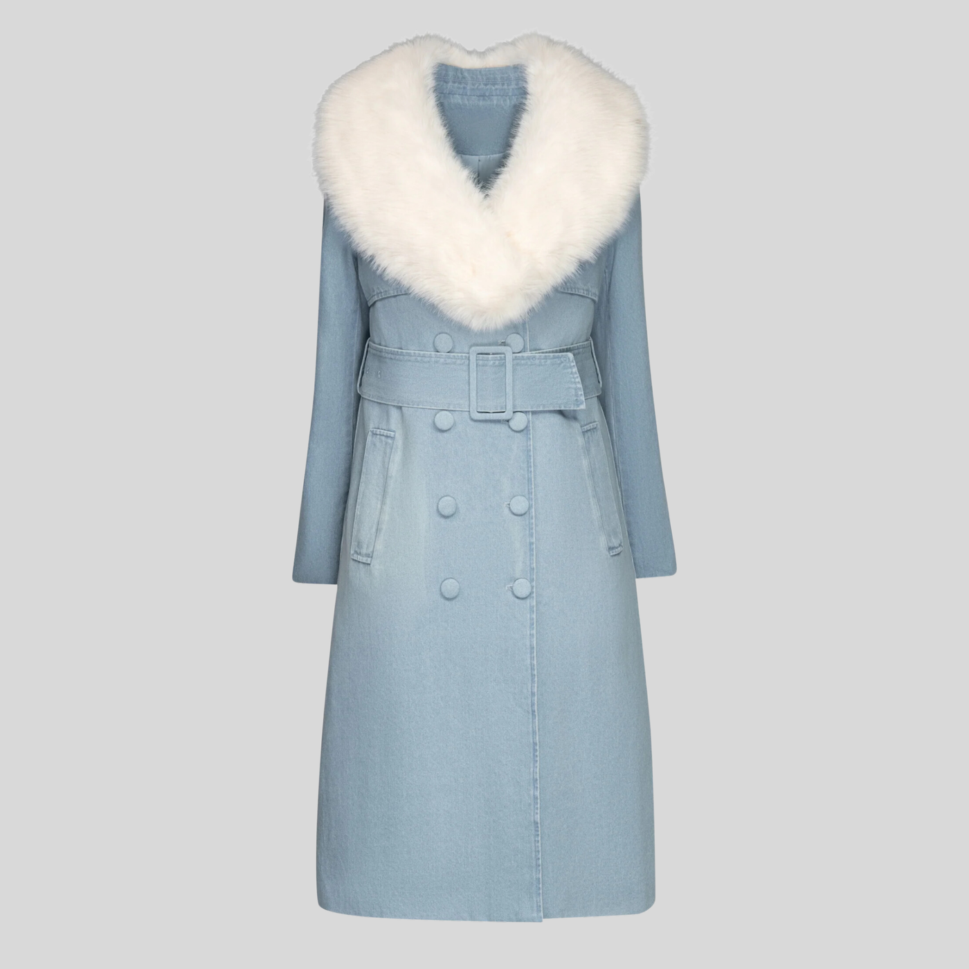 Denim Double Breasted Trench Coat - Light Blue