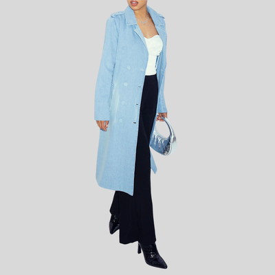 Denim Double Breasted Trench Coat - Light Blue