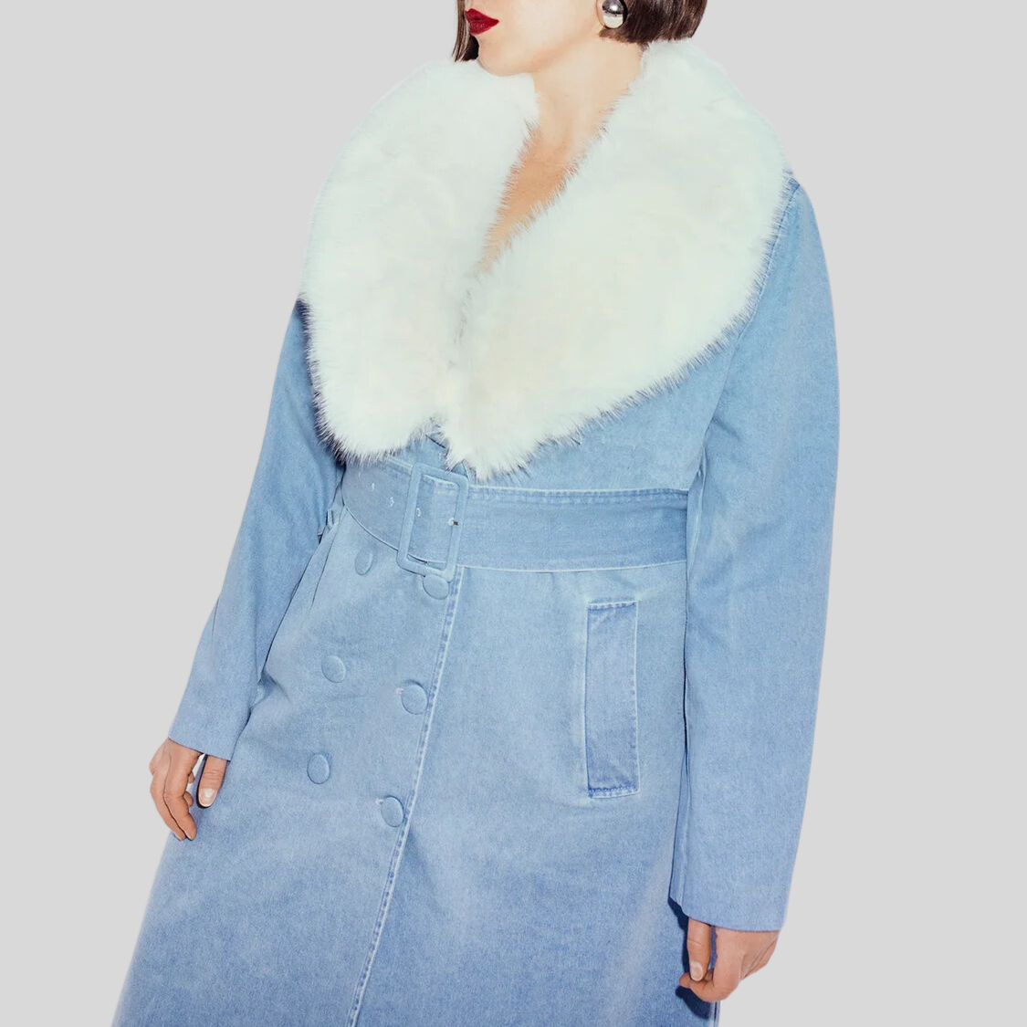 Denim Double Breasted Trench Coat - Light Blue