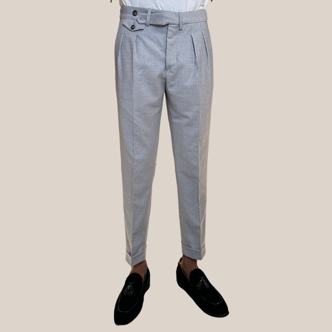 Pleated Stretch Wool Cuffed Pants - Light Grey