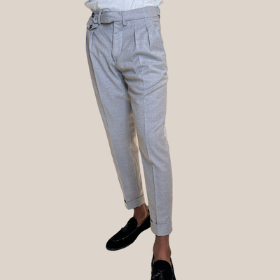 Pleated Stretch Wool Cuffed Pants - Light Grey