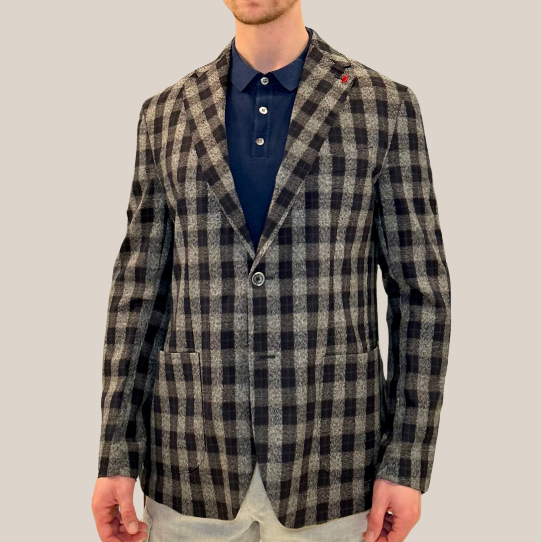 Checks Patch Pocket Flannel Hoodie Blazer - Navy