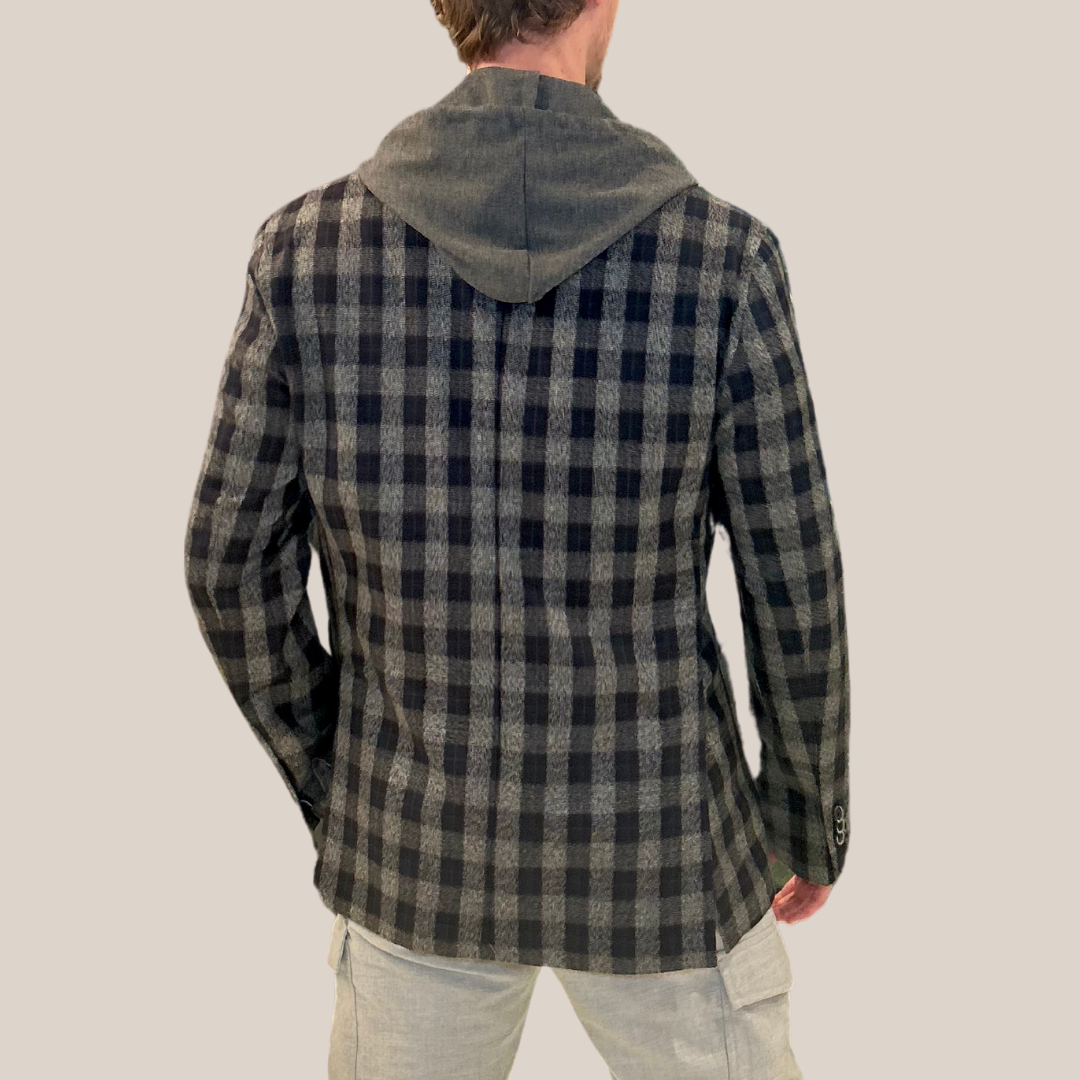 Checks Patch Pocket Flannel Hoodie Blazer - Navy