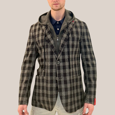 Checks Patch Pocket Flannel Hoodie Blazer - Navy