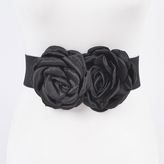 Double Satin Flower Elastic Belt - Black