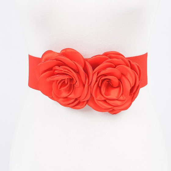 Double Satin Flower Elastic Belt - Red