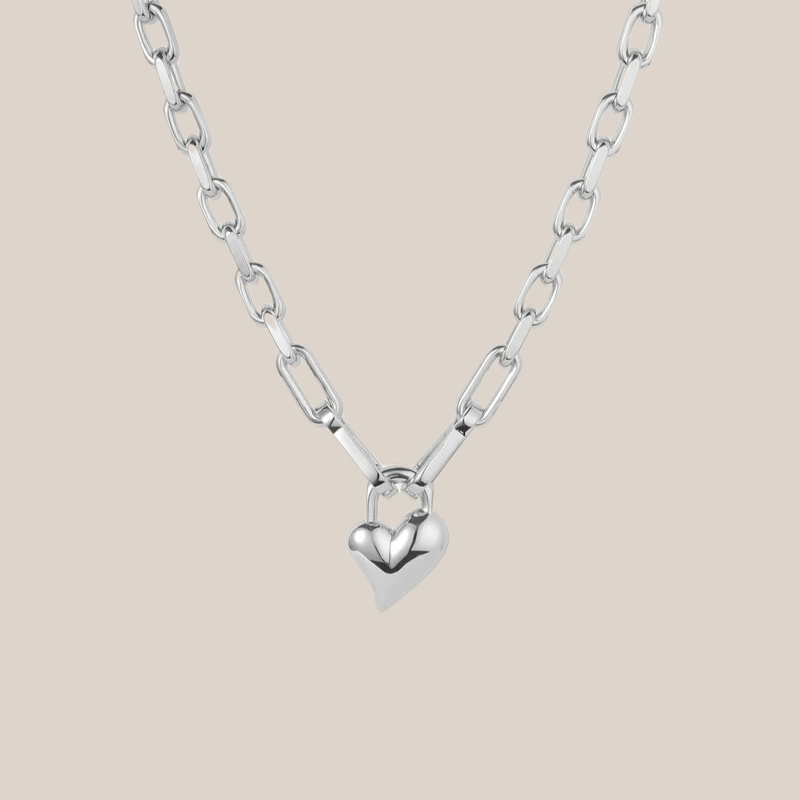 Padlock Heart Pendant Chain Link Necklace - Silver