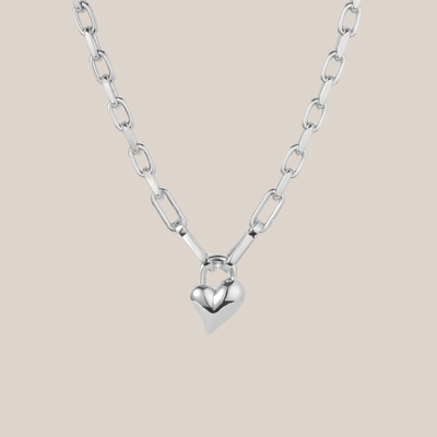 Padlock Heart Pendant Chain Link Necklace - Silver