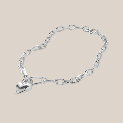 Padlock Heart Pendant Chain Link Necklace - Silver