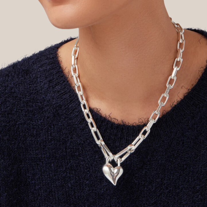 Padlock Heart Pendant Chain Link Necklace - Silver