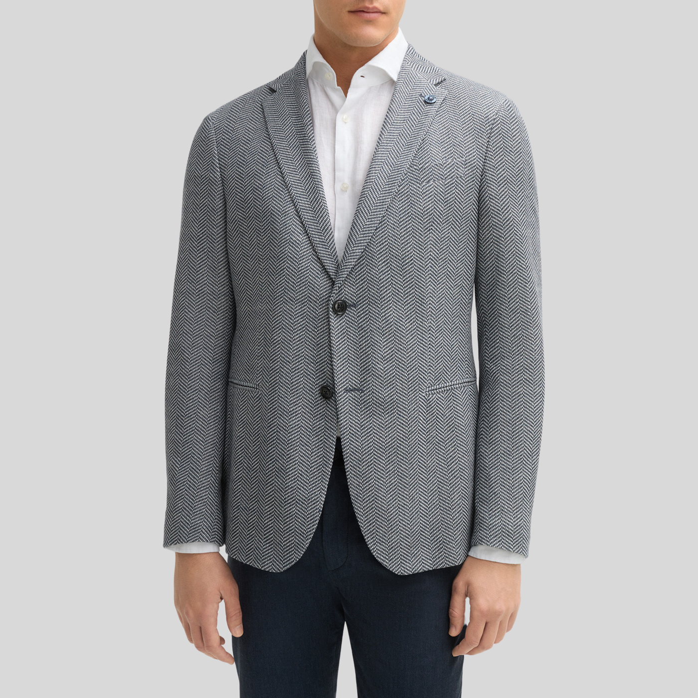 Textured Herringbone Piped Pockets Blazer - Navy/White