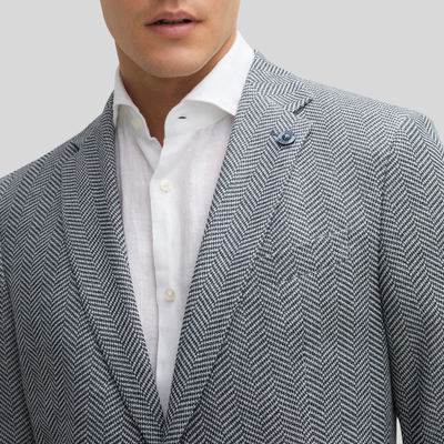 Textured Herringbone Piped Pockets Blazer - Navy/White