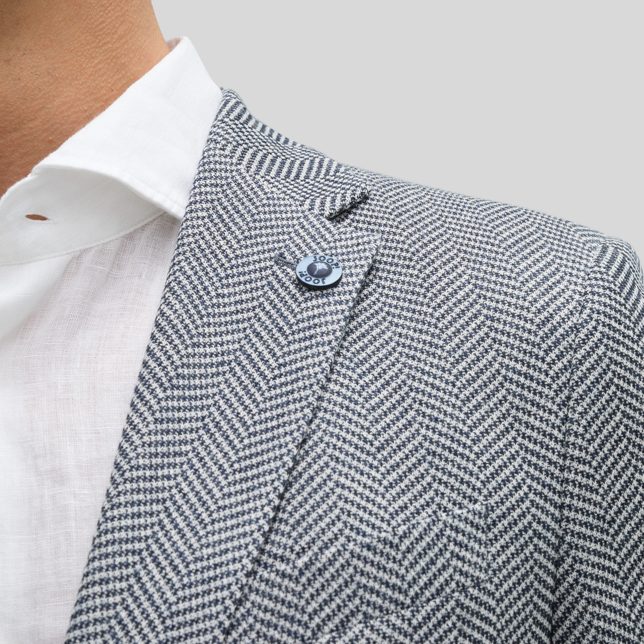 Textured Herringbone Piped Pockets Blazer - Navy/White