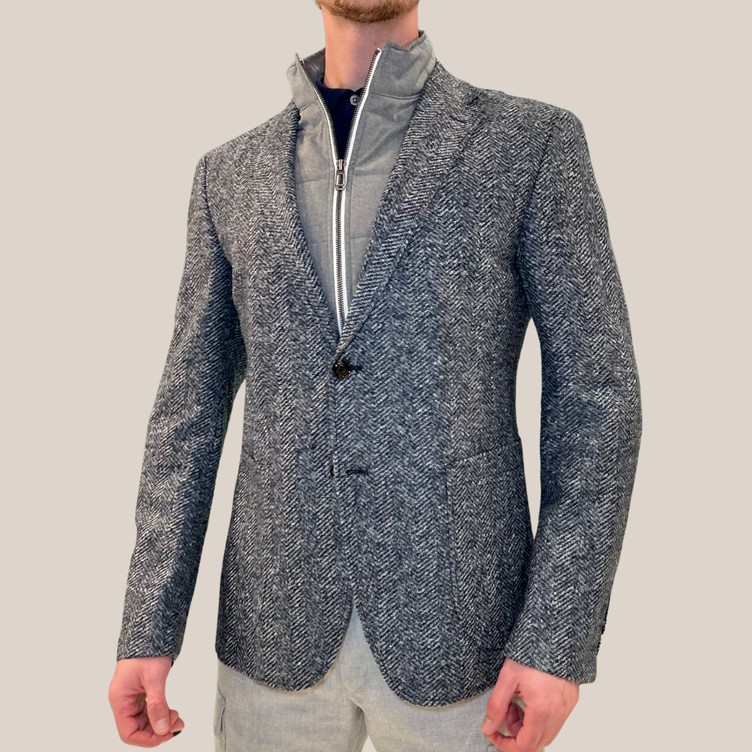 Herringbone Patch Pocket Inlay Blazer - Blue