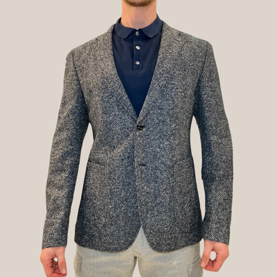 Herringbone Patch Pocket Inlay Blazer - Blue