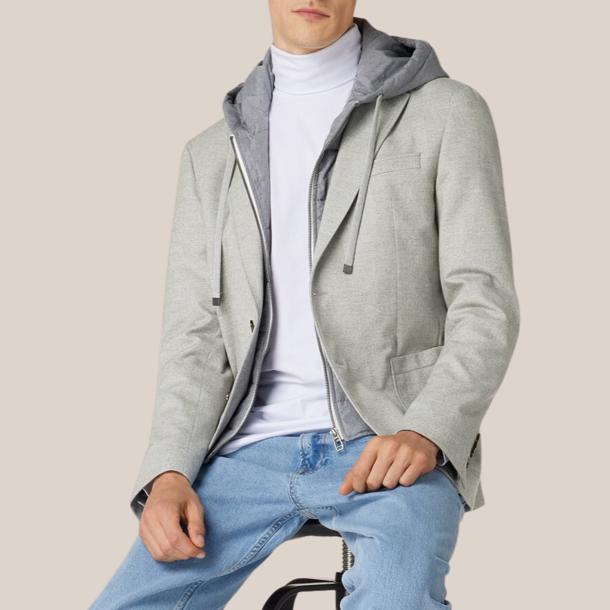 Herringbone Patch Pocket Hoodie Blazer - Grey