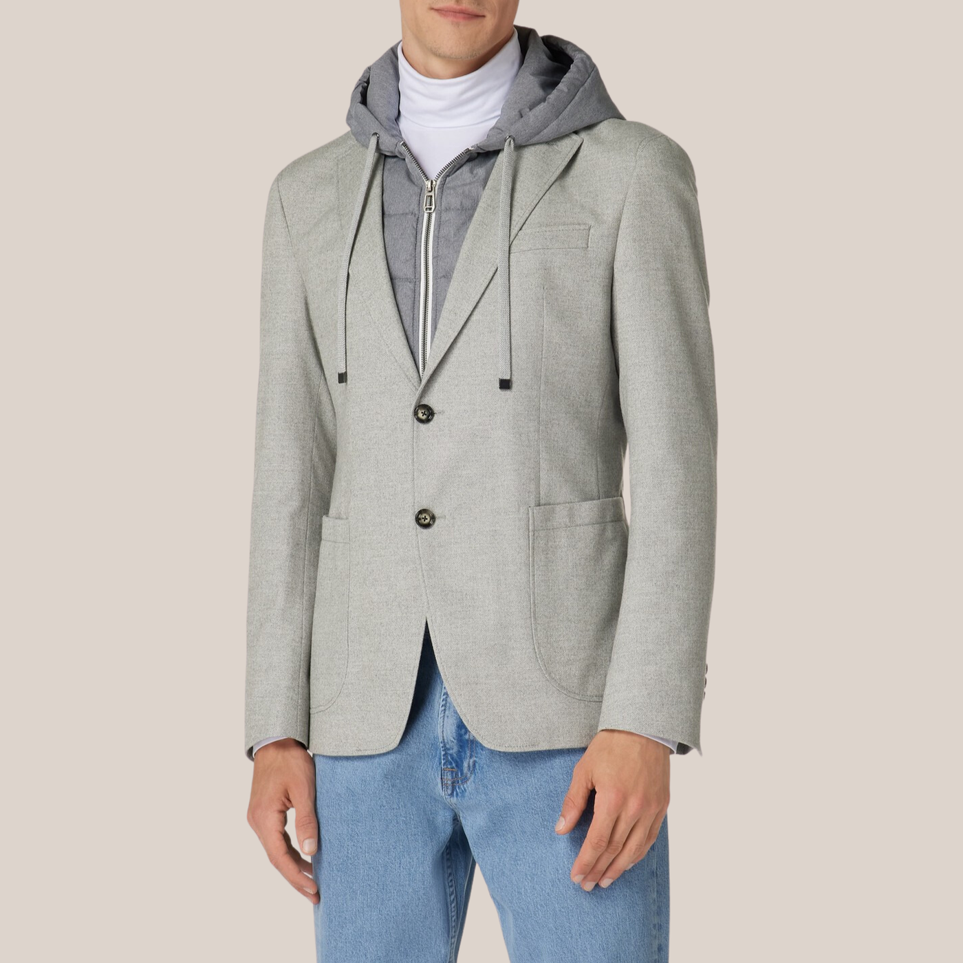 Herringbone Patch Pocket Hoodie Blazer - Grey