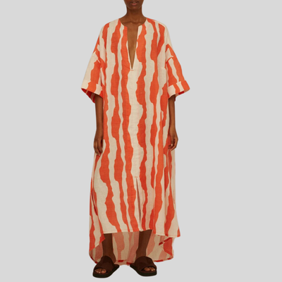 Gotstyle Fashion - OAS Dresses Irregular Stripes Linen V-Neck Shift Dress - Orange/Off-White