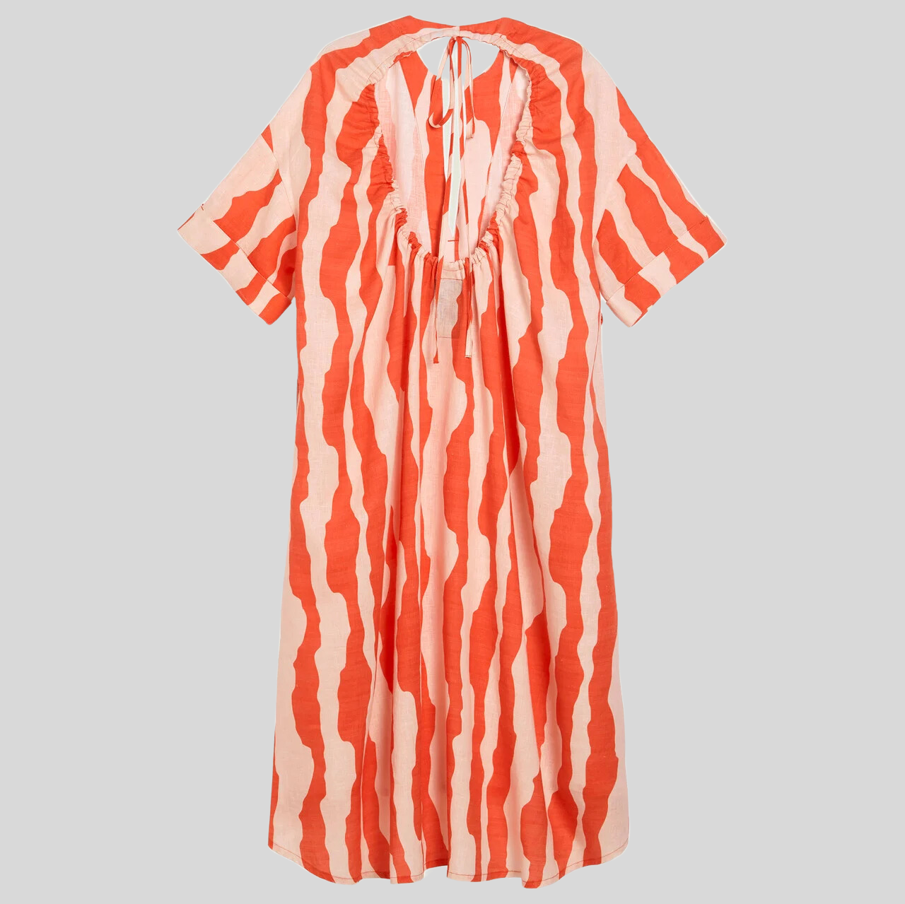 Gotstyle Fashion - OAS Dresses Irregular Stripes Linen V-Neck Shift Dress - Orange/Off-White