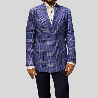 Gotstyle Fashion - Jerry Key Blazers Plaid Checks DB Patch Pocket Silk / Wool Blazer - Blue
