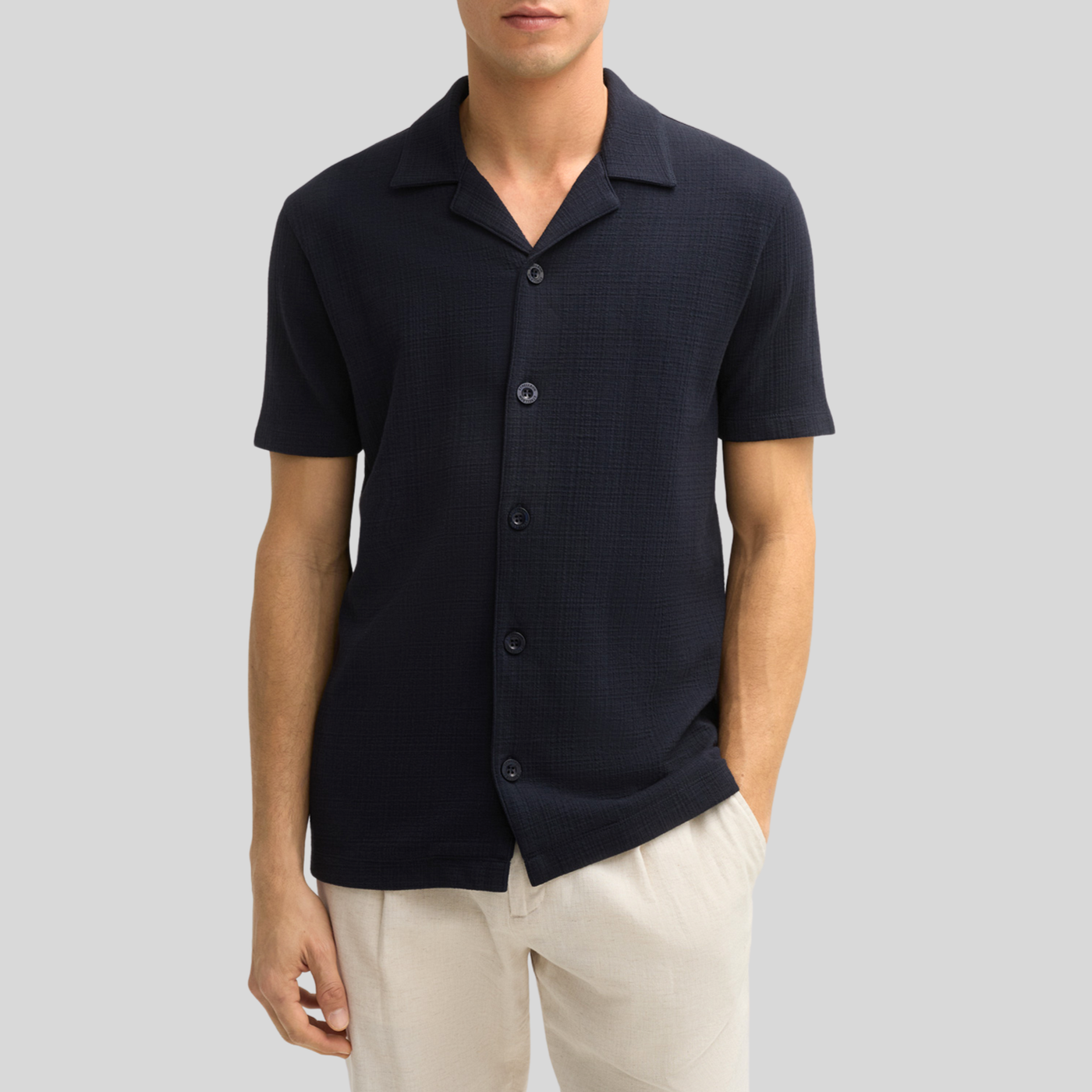 Jersey Cuban Collar Shirt - Navy