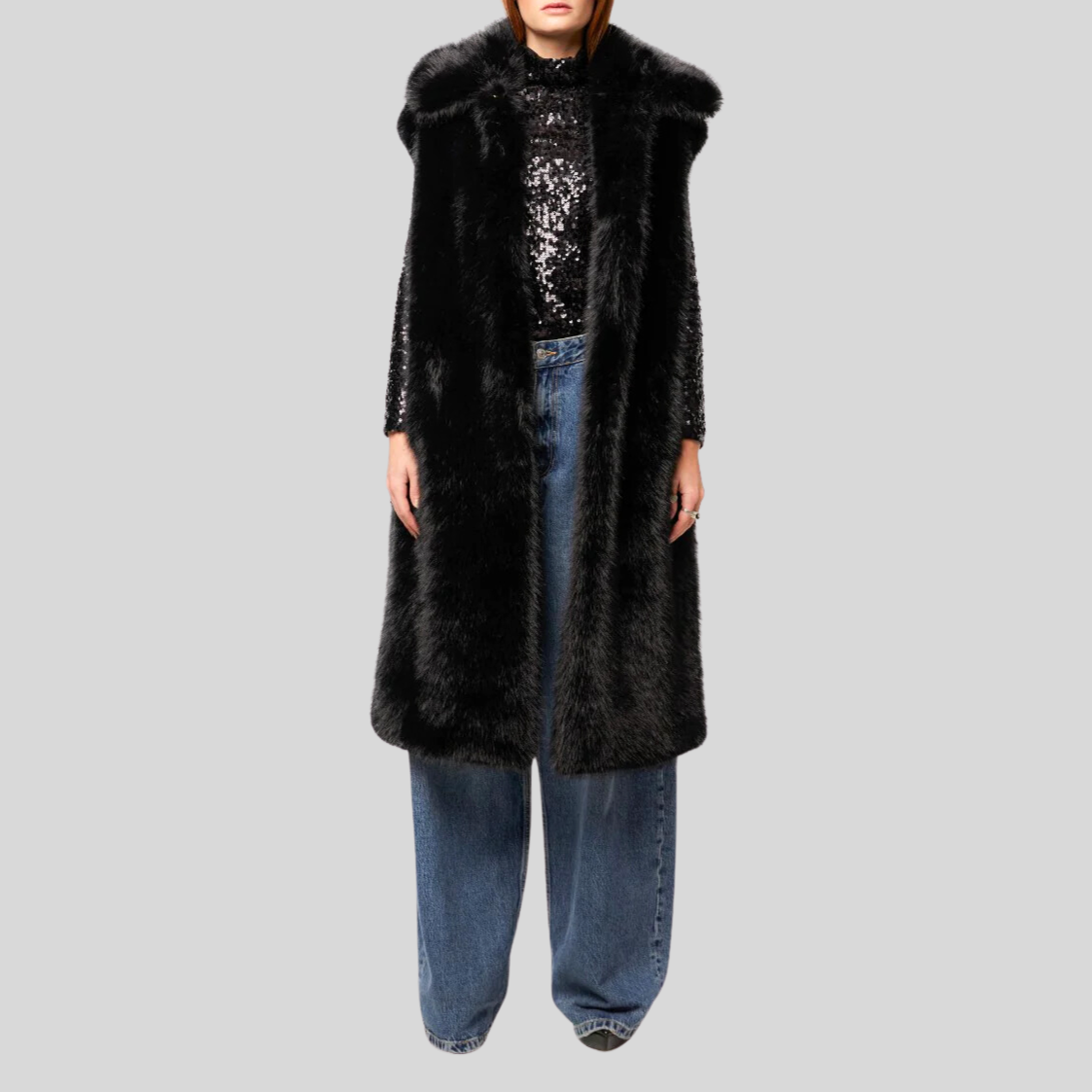 Faux Fur Sleeveless Long Coat - Black