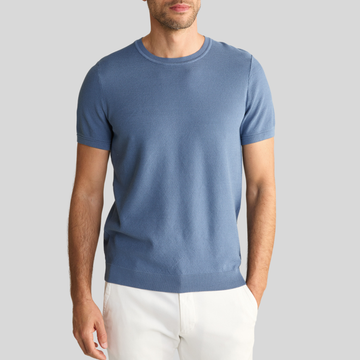 Textured Knit Crew Ribbed T-Shirt - Blue