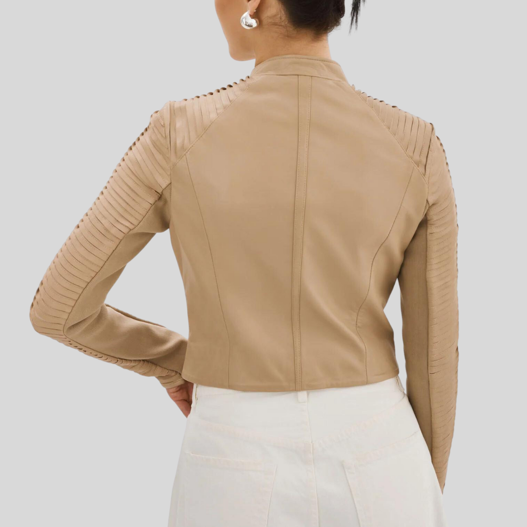 Gotstyle Fashion - LAMARQUE Jackets Textured Sleeves Leather Moto Jacket - Tan